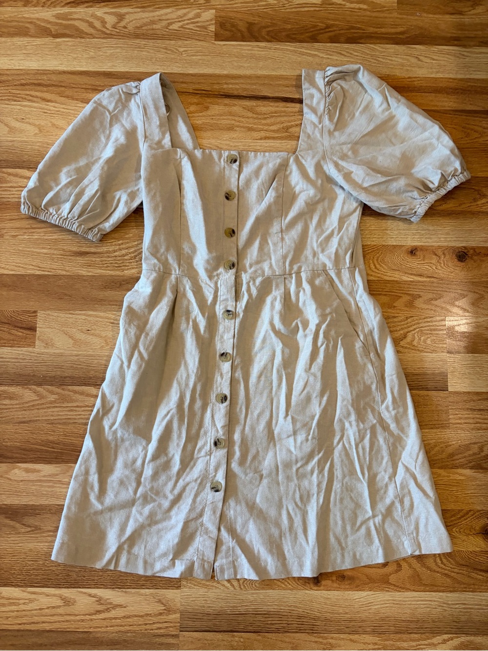NWT Old Navy Square-Neck Button-Front Linen Blend Dress in Light Beige